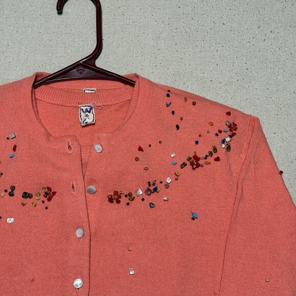 VTG We 100% Cashmere Cardigan & Vest Set Long Sleeve Beads Pink Sz M Scotland - Picture 3 of 13